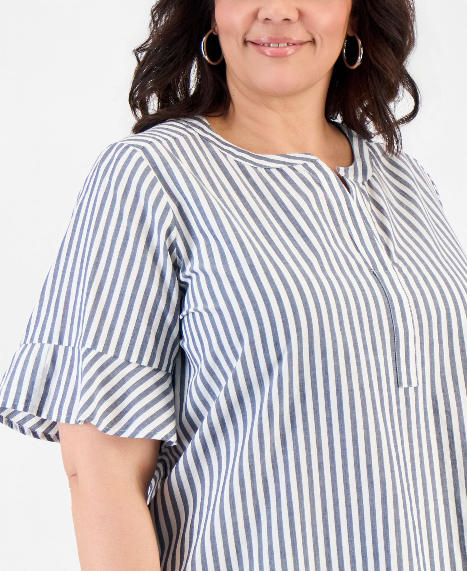 Plus Size Striped Cotton Split-Neck Popover Top