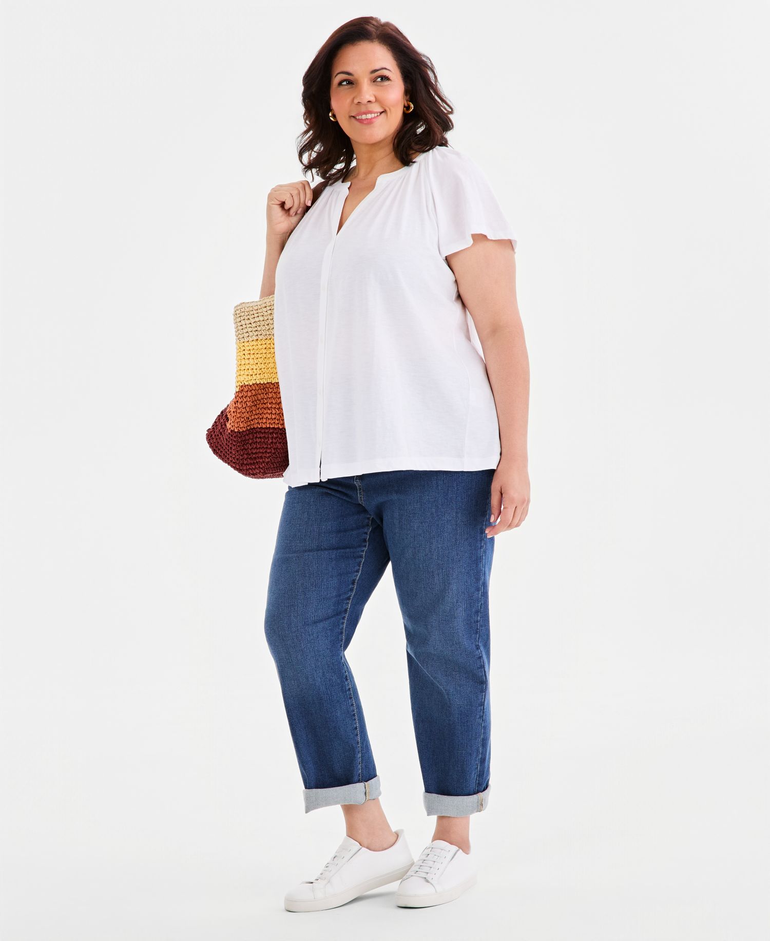 Plus Size Flutter-Sleeve Button-Front Top