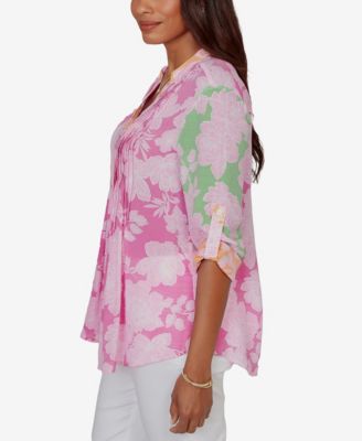 Petite Color-Block Floral Pintuck Gauze Top