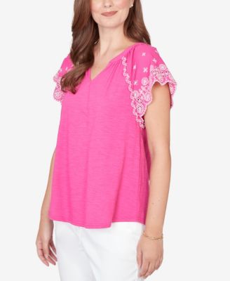 Petite Embroidered Sleeve Slub Knit T-Shirt