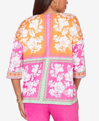 Petite Embroidered Placket Patchwork Knit Top