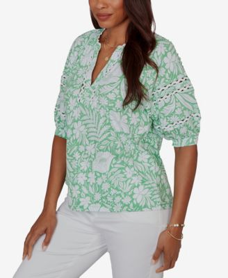 Petite Tropical Floral Trim Knit Top