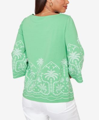 Petite Palm Tree Embroidered Knit Top