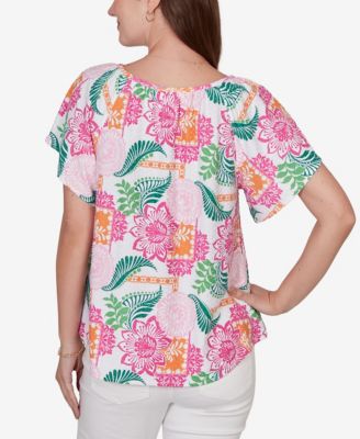 Petite Tropical Floral Eyelet Flutter Sleeve T-Shirt