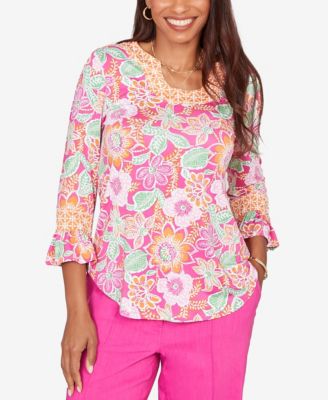 Petite Floral Puff Print Ruffle-Sleeve Knit Top