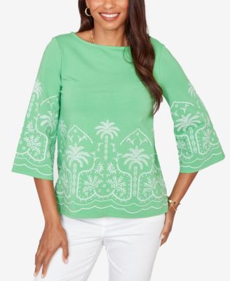 Petite Palm Tree Embroidered Knit Top