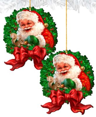 Wreath Santa Bow Holiday Ornaments, Set of 2