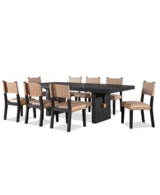 Macai 9-Pc. Wood Dining Table Set (Rectangular Table + 8 Faux Leather Side Chairs)