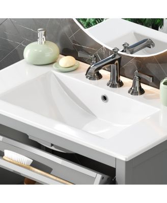 30" Bathroom Vanity with Sink, Modern Solid Wood Cabinet with Textured Glass Doors, Flip-Out Tray & Adjustable Shelf