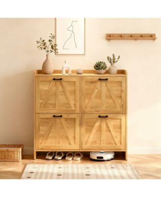 Modern Farmhouse Shoe Cabinet - 4 Flip Drawers and Adjustable Shelves, Entryway Organizer for Living Room, Hallway, Light Oak