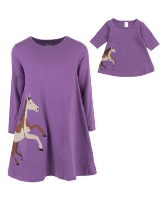 Big Girls 6-14 Matching Doll Long Sleeve Cotton Crew Neck A-Line Dress