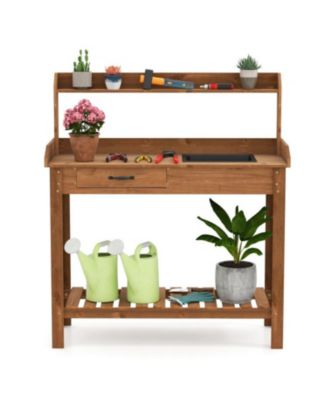 Garden Workstation Table with Drawer and Storage Shelves