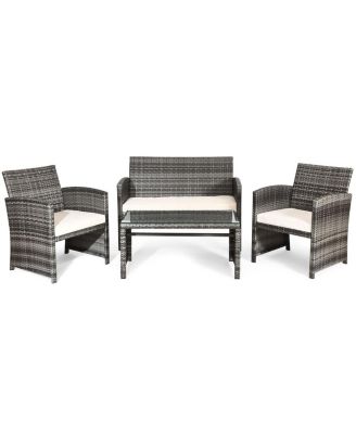 4PCS Patio Outdoor Rattan Furniture Set Chair Loveseat Table Cushioned