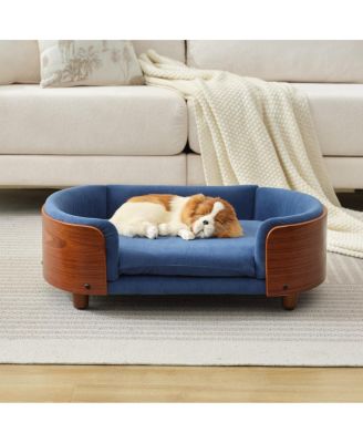 Mid-Century Wood Pet Bed with Velvet Cushion