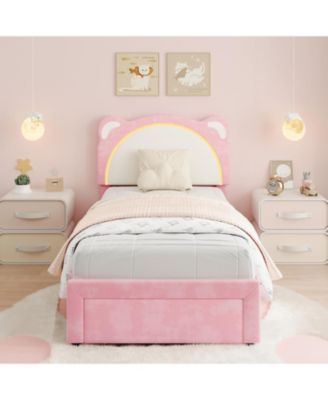  Kids Velvet Bed Frame with LED Lights, Adjustable Bear Headboard , Under-Bed Storage, Solid Wood Slats, Noise-Free