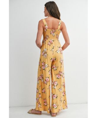 Maternity Floral Smocked Square Neck Wide Leg Jumpsuit with Pockets