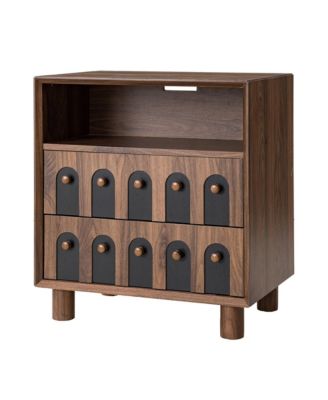 Modern Mid-Century Nightstand with 2 Drawers, Solid Wood Bedside Table with Charging Station, Curve Mirror Design, End Table for Bedroom