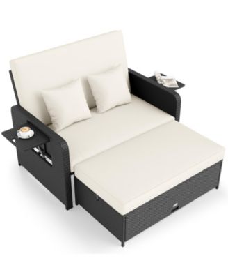 Set of 2 PE Wicker Outdoor Daybed w/4-Level Adjustable Backrest Storage Ottoman