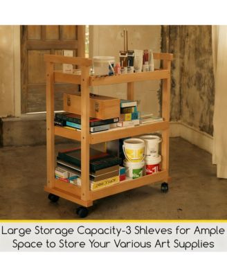 Solid Beechwood Art Cart with 3-Tier Shelves and Swivel Wheels
