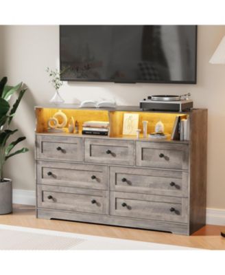 7-Drawer Dresser with LED Lights & Charging Station, Wooden Chest with Open Storage for Bedroom
