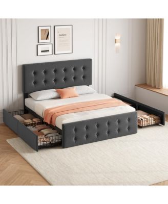 Bed Frame with Headboard & 4 Storage Drawers, Square Stitched Button Tufted Platform