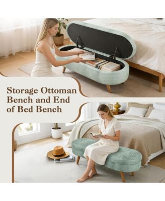 Oval Storage Ottoman Bench - Upholstered End of Bed Bench with Safety Hinge Flip Top and Solid Wood Legs for Bedroom (Cyan)