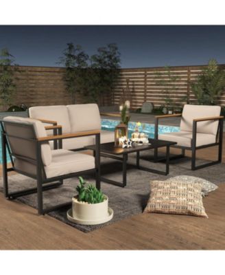 4Pcs Metal Outdoor Patio Furniture Set All Weather Outdoor Conversation Set with Thick Cushions and Coffee Table Ideal for Backyard
