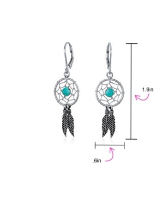 Native American Style Turquoise Dream Catcher Feather Leaf Dangle Earrings Sterling Silver