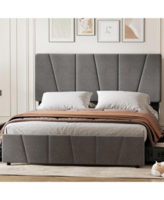 Linen Upholstered Bed Frame - Platform Bed Frame with 4 Storage Drawers & Adjustable Headboard, Wood Slat Support, No Box Sping Needed