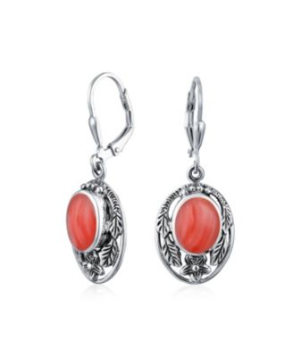 Western Style Floral Bezel Set Coral Dangle Earrings .
