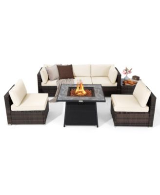 Set of 7 Patio Furniture Set w/ 35'' Propane Gas Fire Pit Table & Waterproof Cover