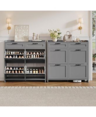 Shoe Cabinet with 4 Flip Drawers & 2 Top Drawers, Wooden Shoe Organizer Cabinet with Adjustable Shelf