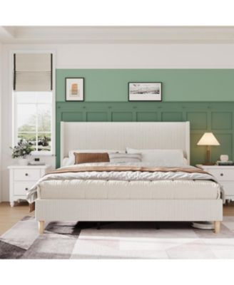 King Size Bed Frame, Corduroy Platform Bed Frame with 50'' Tall Wingback Headboard, Sturdy Wooden Slats Support, Noise Free