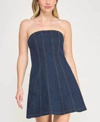 Juniors' Denim Strapless Mini Dress