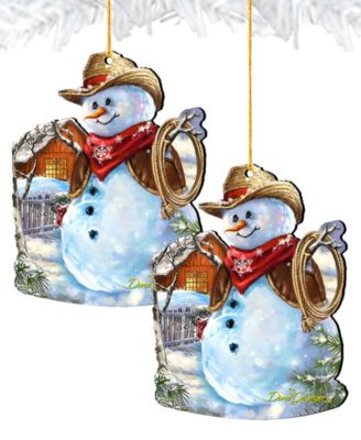 2 Piece Cowboy Snowman Wood Ornaments Set
