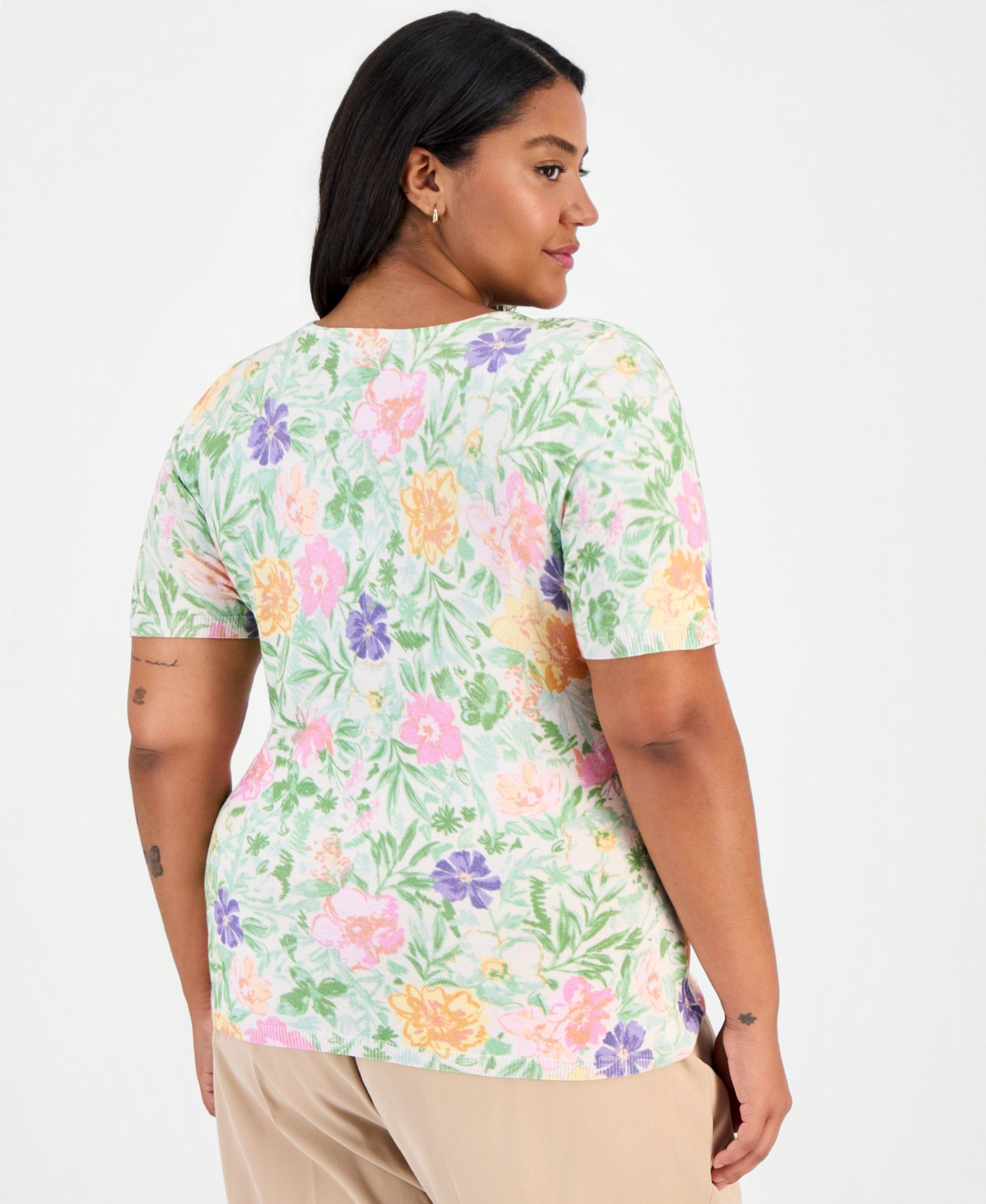 Plus Size Printed Short-Sleeve Sweater