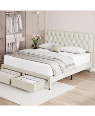Queen Upholstered Platform Bed Frame with Storage Drawers Solid Wood Slats No Box Spring Needed