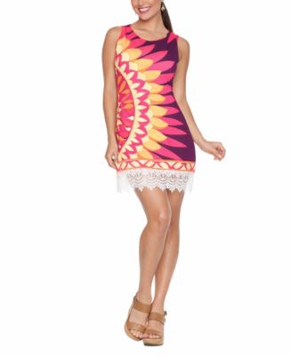 Women's Printed Sleeveless Lace Hem Sheath Dress