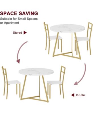 3-Piece Round Dining Set for 2, Table with Cushioned Chairs, Gold White