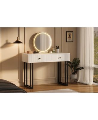 Vanity Desk with Mirror and 3-Color LED Lights, Spacious Storage Drawers & Shelves, Modern Makeup Table for Bedroom