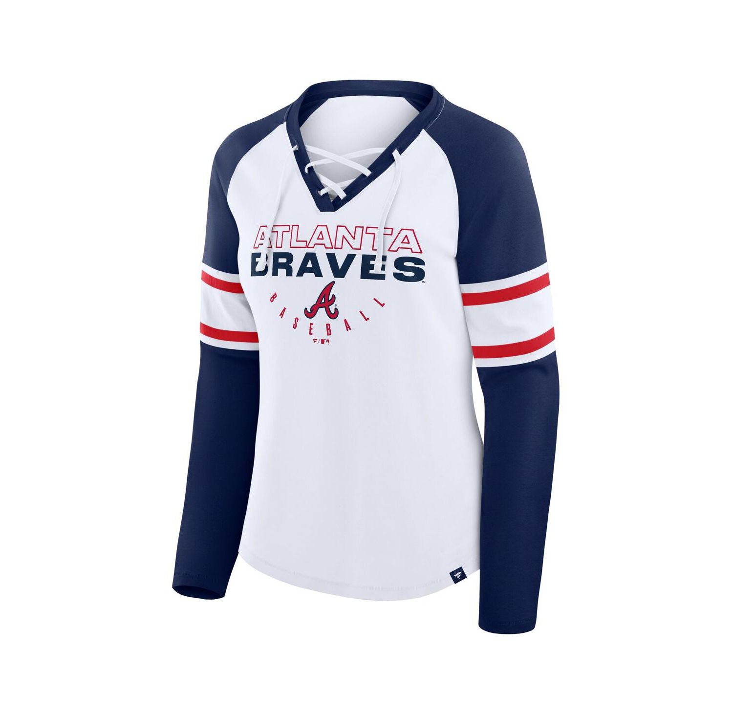 Women's White/Navy Atlanta Braves Blitz Package Raglan Lace-Up V-Neck Long Sleeve T-Shirt