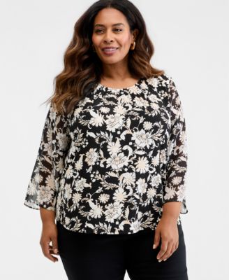 Plus Size Bold Floral Scroll Chiffon-Sleeve Gathered-Neck Top