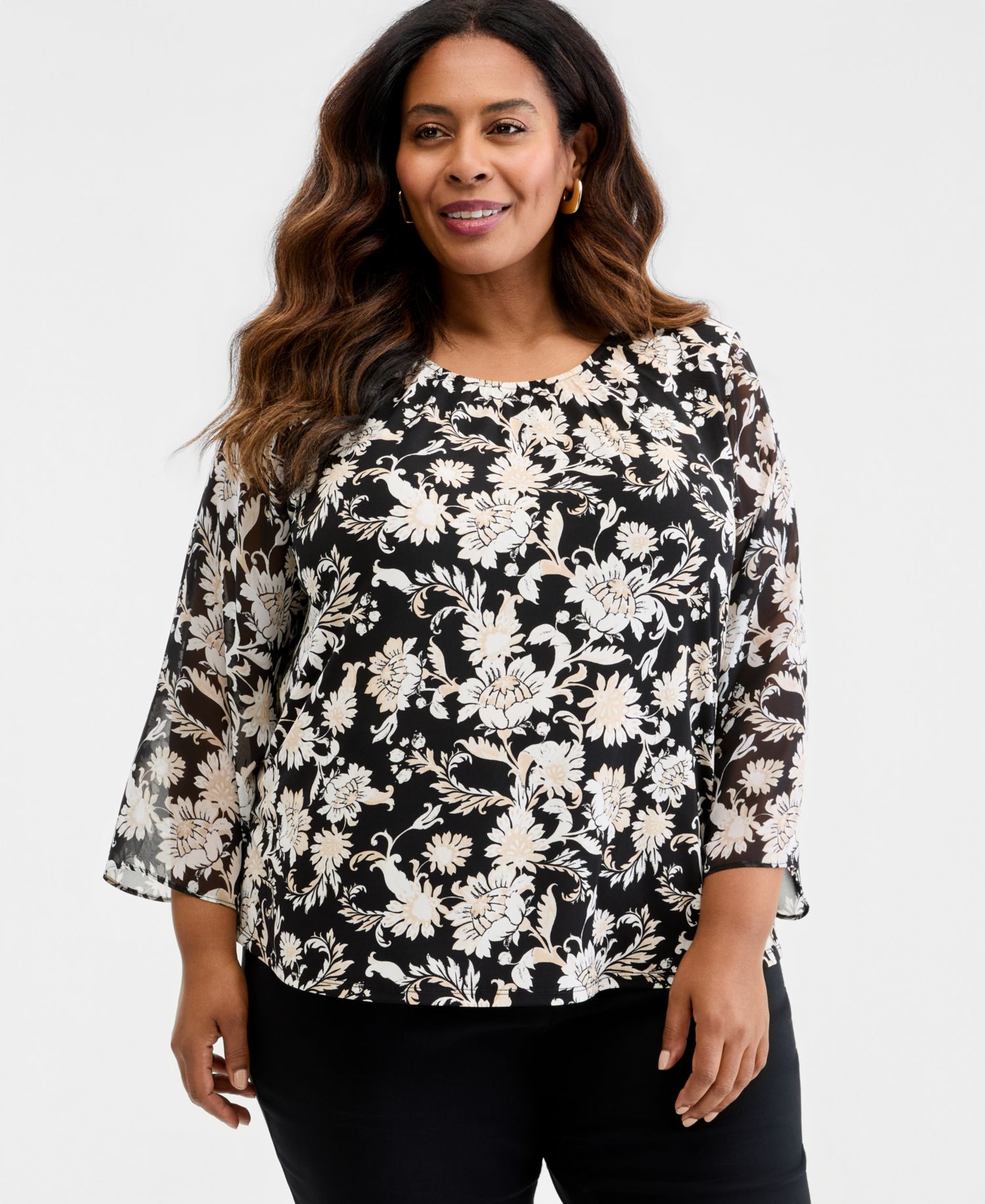 Plus Size Bold Floral Scroll Chiffon-Sleeve Gathered-Neck Top