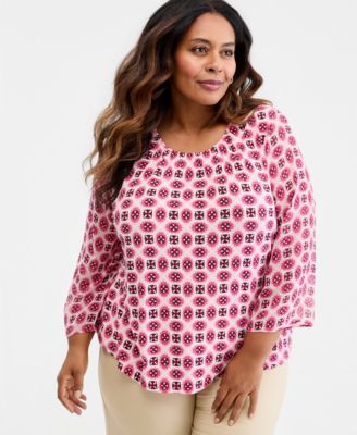 Plus Size Aria Tile Chiffon-Sleeve Gathered Neck Top