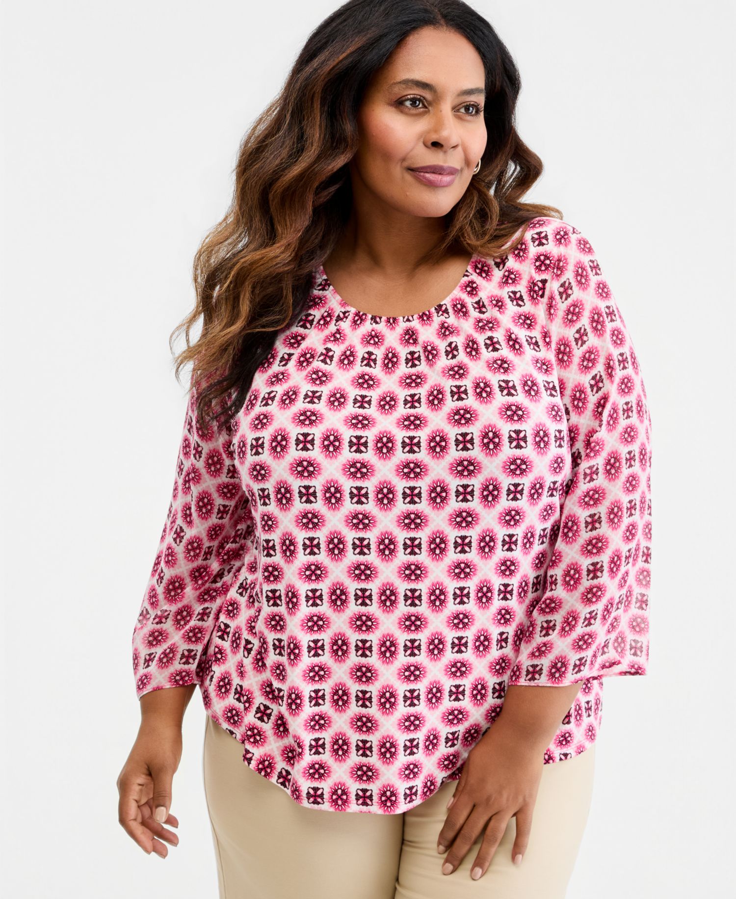 Petite Printed Chiffon-Sleeve Gathered-Neck Top