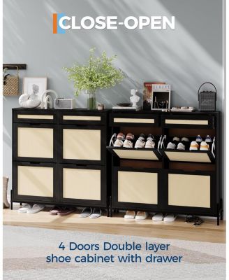 Freestanding Wooden Rattan Shoe Cabinet with 4 Flip Drawers and 2 Top Drawers