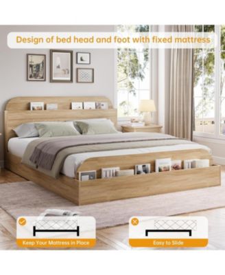 Queen Wooden Platform Bed Frame with Storage Headboard & Raised Footboard, No Box Spring Needed