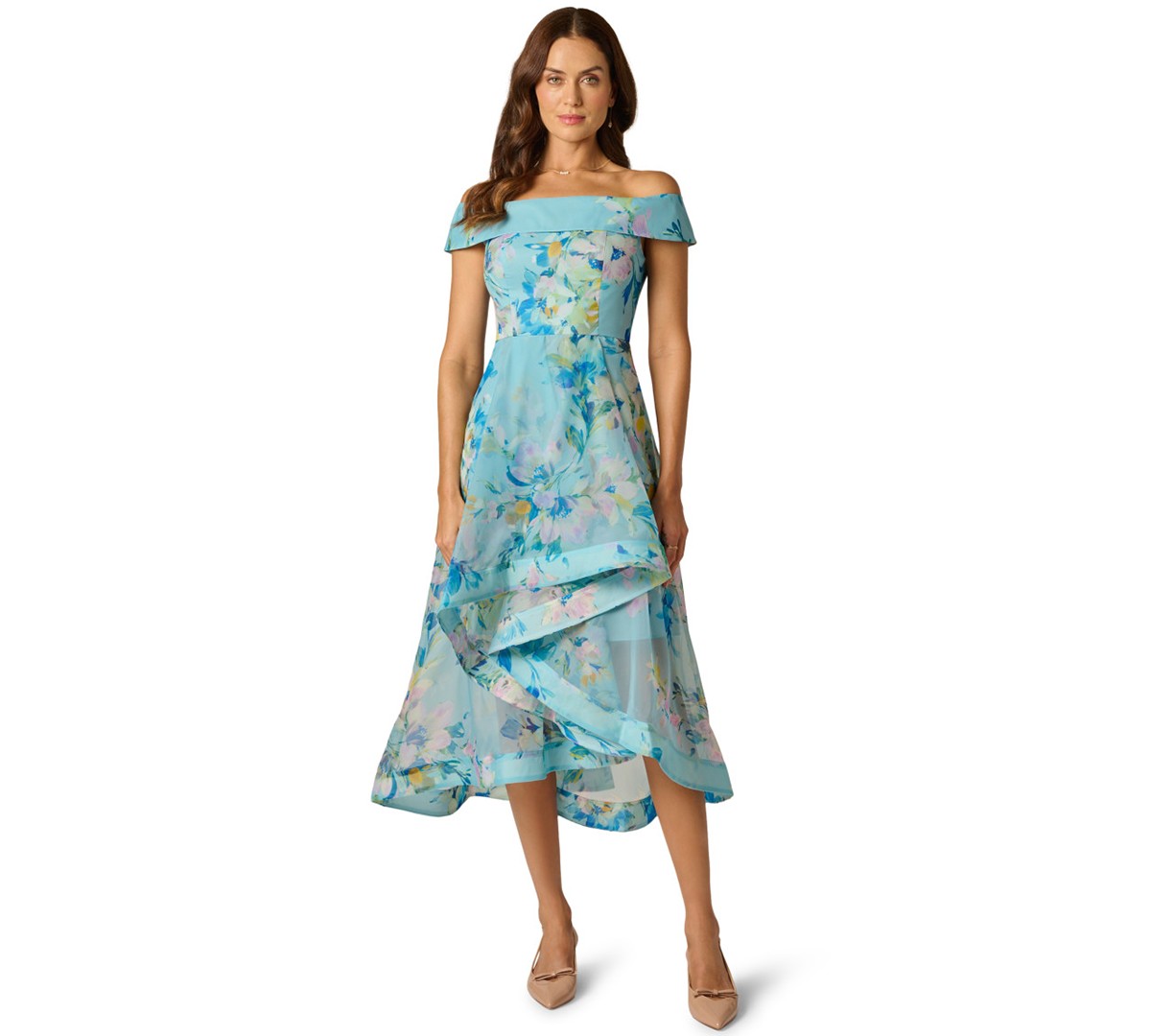 Женские платья Adrianna Papell Women's Floral Organza Off-The-Shoulder High-Low Dress — фото 2