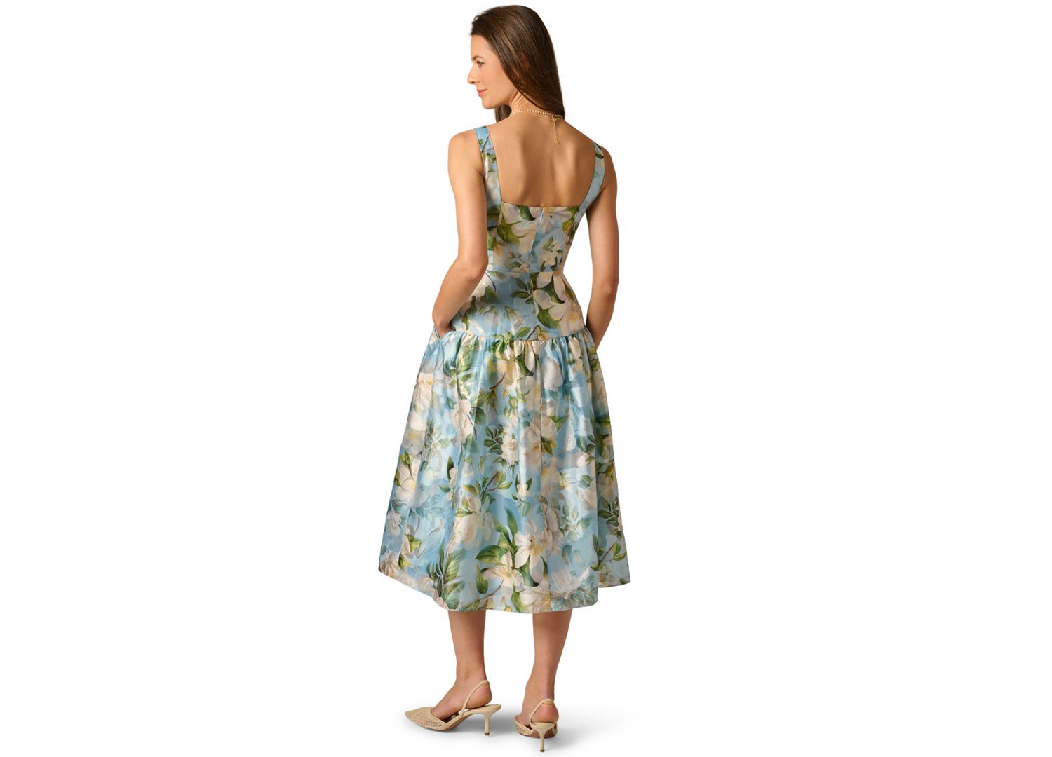 Women's Shirred Square Neck Midi Dress