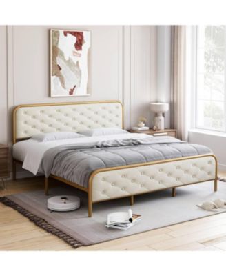 King Bed Frame with Button Velvet Headboard, Upholstered Tufted Footboard, Heavy Duty Metal Mattress Foundation, Solid Wood Slats Support